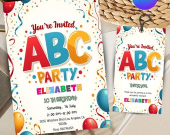 Könnte beinhalten: Eine bunte Einladung zu einer ABC-Party mit Ballons und Konfetti. Die Einladung lautet "You're Invited ABC Party Elizabeth 10th Birthday" mit Datum, Uhrzeit und Ort.