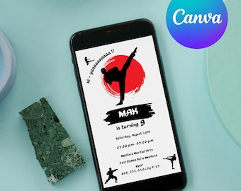 May include: A black and white invitation for a 9th birthday party. The invitation features a silhouette of a person doing a karate kick in front of a red circle. The text on the invitation reads "Hi-yaaaaaaaaa!! Max is turning 9. Saturday, August 10th. 03:00 pm-05:00 pm. Medford Martial Arts. 560 Stokes Rd in Medford. RSVP 609.555.5101 by 7/15."