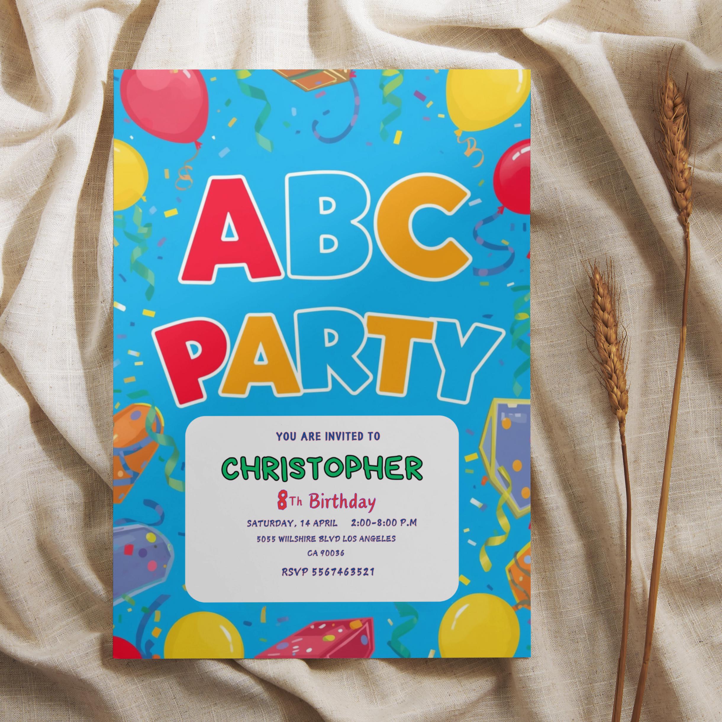 ABC Birthday Invitation: Editable Alphabet Party Card (digital Download ...