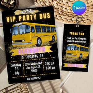 Party Bus Einladung, Bus Geburtstagseinladungskarte, Einladung für eine Mädels Nacht, personalisierbare Karte zum sofortigen Download, goldene Bus Einladung