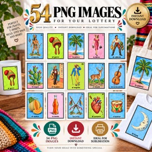 May include: A digital collection of 54 PNG images featuring traditional Mexican lottery card illustrations. The set includes colourful graphics of characters, objects, and nature scenes like a palm tree, a heart, a drum, and a moon, presented in a grid.