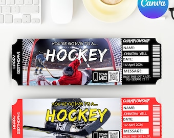 May include: Two red and black printable hockey ticket templates with a hockey player image and the text "You're going to a... Hockey" and "Championship" with the text "Name: Jonatha Will, Date: 14/ April 2024, Message: Enjoy this day a lot, you deserve it!!"