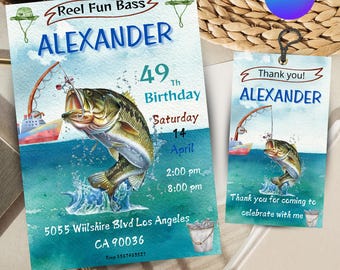 May include: A blue and green birthday invitation with a cartoon fish jumping out of the water. The invitation says "Reel Fun Bass" and "Alexander's 49th Birthday". The date is Saturday, April 14th, 2:00 pm to 8:00 pm. The address is 5055 Wilshire Blvd Los Angeles, CA 90036.