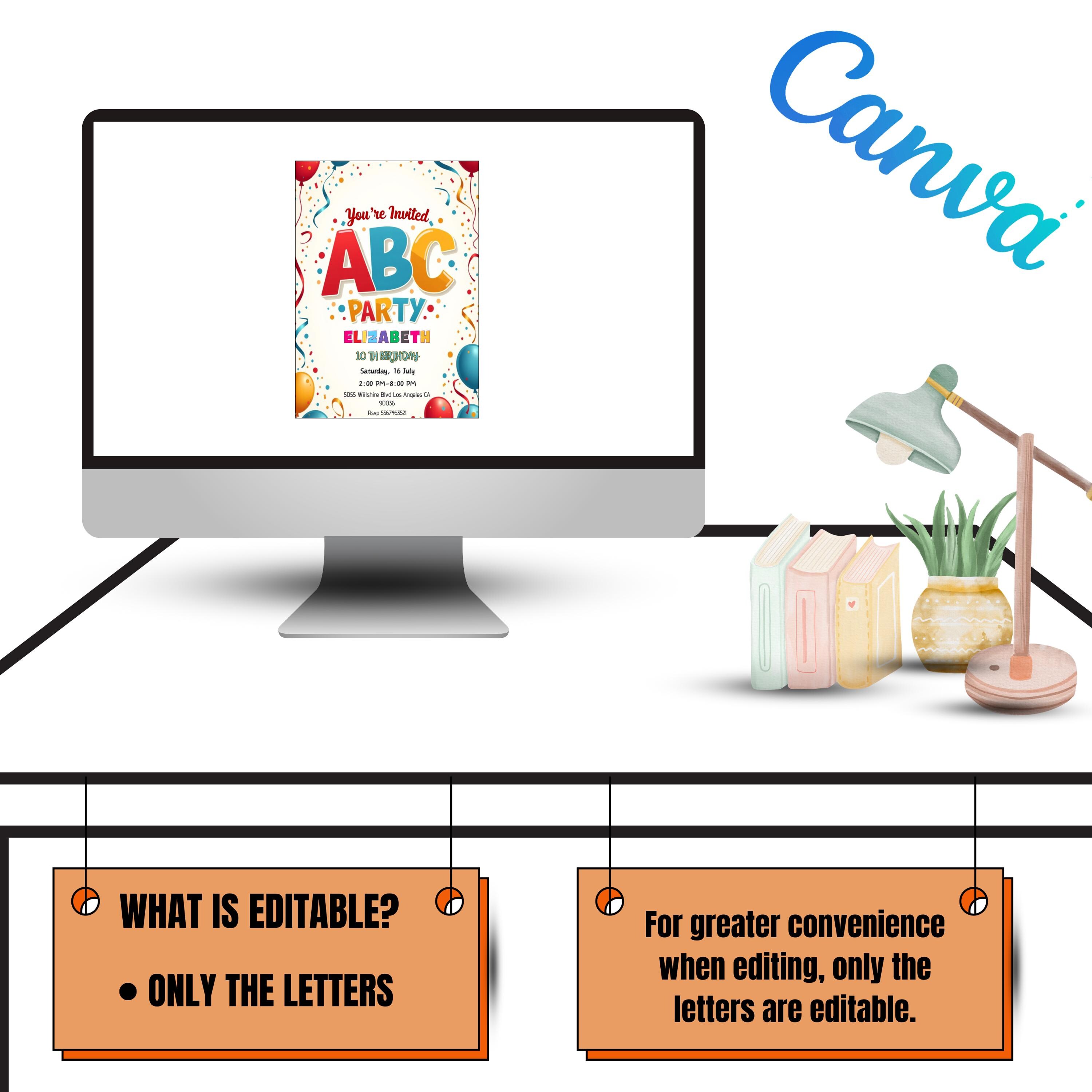 ABC Birthday Invitation: Editable Alphabet Party Card (digital Download ...