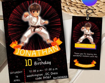 Puede incluir: Una invitación de cumpleaños negra y roja con un niño de dibujos animados con un uniforme de karate blanco. La invitación dice "Jonathan's 10th Birthday" e incluye detalles para el evento, como la fecha, la hora, la ubicación y el código de vestimenta.