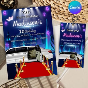 Limo Geburtstagseinladung anpassbare Limo Geburtstagskarte Limousine Party einladen bearbeitbare Einladung in Canva druckbare Limo Party einladen