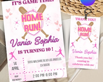 May include: Pink and white baseball-themed birthday party invitation with the text "It's Game Time!" and "Home Run!"  Vania Sophia is turning 10. The invitation includes the date, time, and location of the party. A matching thank you tag is also included.