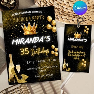 Puede incluir: Invitación a una fiesta de cumpleaños negra y dorada con una corona, globos y copas de champán. La invitación dice "Ven a celebrar conmigo Buchona Party Miranda's 35th Birthday" e incluye la fecha, la hora y la información de RSVP.