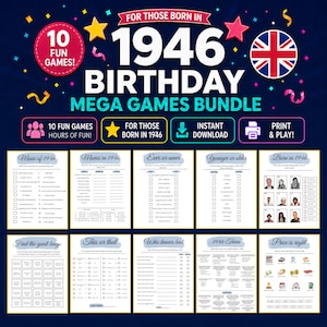 1946 birthday party game, Trivia for people turning 80, Pack of 10 games for people born in 1946, fun British games in PDF format