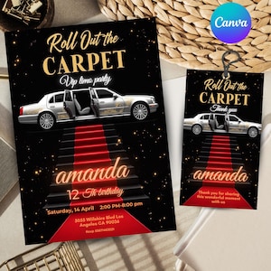 Può includere: Un invito nero e dorato con un tappeto rosso e una limousine argentata. L'invito dice "Roll Out the Carpet" e "Vip limo party". Il testo dice anche "Amanda 12th birthday" e include la data, l'ora e la posizione della festa.