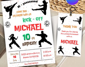 Puede incluir: Una invitación de cumpleaños para una fiesta de cumpleaños número 10 con un tema de karate. La invitación presenta un fondo blanco con siluetas negras de personas haciendo poses de karate. El texto en la invitación dice "Hi - yaaaaaaaa! Come and celebrate with us Kick - Off Michael 10th Birthday Saturday 16 July 5055 Wilshire Blvd Los Angeles CA 90036 2:00 p.m 8:00 p.m Rsvp 5567463521". También hay una tarjeta de agradecimiento con el texto "Thank you for sharing this wonderful moment with us. Michael".