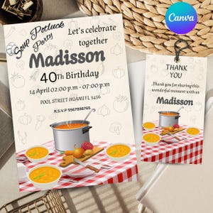 Soup Potluck Party Invitation: Customizable Birthday Card (Canva Editable)