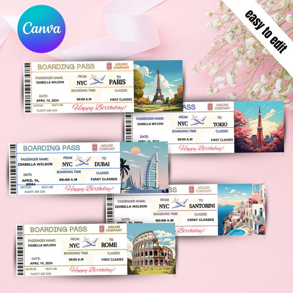 travel gift ticket - travel ticket - travel ticket custom - travel ticket print - canva template - travel gift voucher