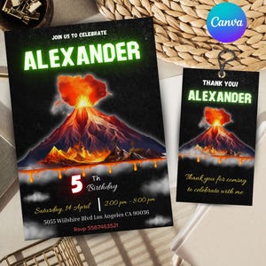 Faire-part d'anniversaire volcan pour fête d'anniversaire volcan Faire-part éruption volcanique pour un anniversaire de garçon Carte d'anniversaire personnalisable sur toile