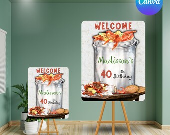 Puede incluir: Señal de bienvenida con fondo rojo y blanco que presenta una olla de cangrejos de río con el texto "Welcome Madisson's 40th Birthday".