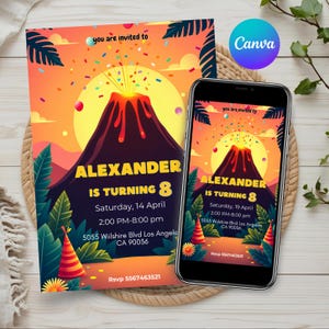 Fiesta de cumpleaños con temática de volcán Invitación de cumpleaños con temática de volcán Invitación de erupción volcánica para el cumpleaños de un niño Tarjeta de cumpleaños personalizable en Canva