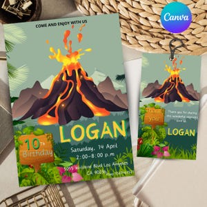 Fiesta de cumpleaños del volcán Invitación de cumpleaños del volcán Invitación de erupción volcánica para el cumpleaños de un niño Tarjeta de cumpleaños personalizable en canva