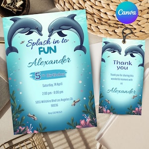 dolphins birthday invitation, dolphins birthday invite, editable digital template, customizable birthday card, dolphin-themed party