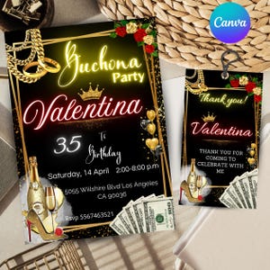 Puede incluir: Una invitación de cumpleaños negra y dorada con una corona, botellas de champán y dinero. La invitación dice "Guchona Party Valentina 35 cumpleaños" e incluye la fecha, la hora y la ubicación. Una etiqueta de agradecimiento a juego dice "¡Gracias! Valentina Gracias por venir a celebrar conmigo."