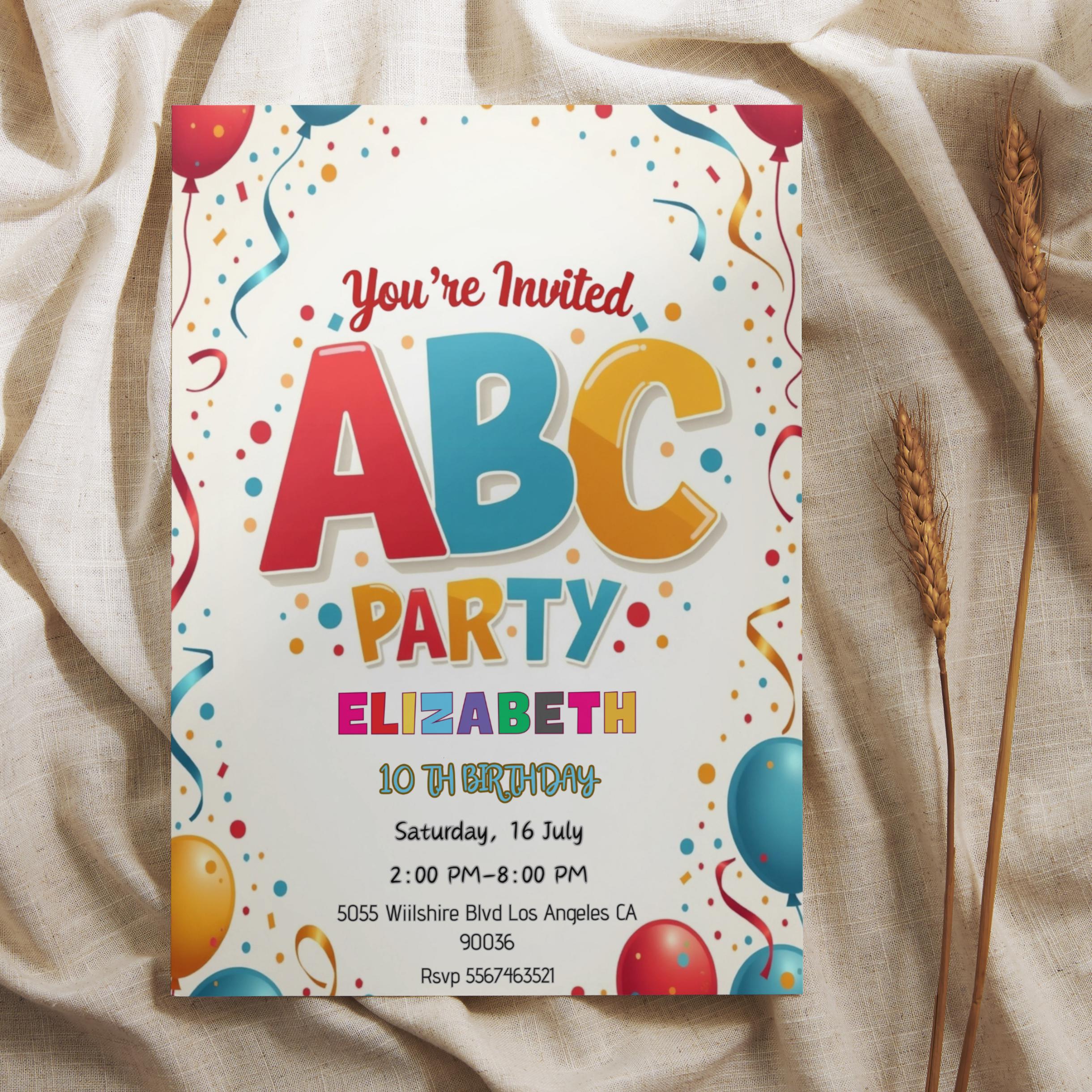 ABC Birthday Invitation: Editable Alphabet Party Card (digital Download ...