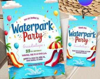May include: A colourful invitation for a waterpark party. The invitation features a cartoon illustration of a water slide, palm trees, and a pool. The text on the invitation reads "Waterpark Party" and "Guadalupe's 35th Birthday".