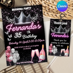 Puede incluir: Una invitación de cumpleaños negra y rosa con una corona plateada, globos rosas y copas de champán. La invitación dice "Fernanda's 35th Birthday" e incluye la fecha, la hora y la ubicación de la fiesta. El número de RSVP es 5567463521.