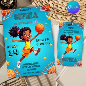 Faire-part de basket-ball pour fille carte d'anniversaire de basket-ball modifiable pour fille modèle numérique personnalisable en toile faire-part de basket-ball noir