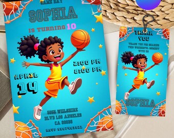 May include: A basketball-themed birthday invitation and thank you tag set. The invitation features a cartoon girl holding a basketball, with the name "Sophia" and the date "April 14". The tag says "Thank You". The background is blue.