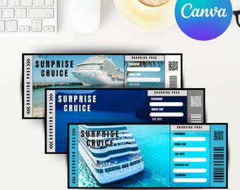 May include: Three cruise boarding passes with the text "SURPRISE CRUISE" in white. Each pass features a different image of a cruise ship. The passes have blue and white elements, with space for passenger details.
