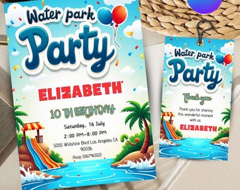 May include: A blue and white invitation for a water park party for Elizabeth's 10th birthday. The invitation includes a cartoon image of a water slide, palm trees, and a blue sky with white clouds. The text on the invitation reads "Water park Party Elizabeth 10th Birthday Saturday, 16 July 2:00 PM-8:00 PM 5055 Wiilshire Blvd Los Angeles CA 90036 Rsvp 5567463521".