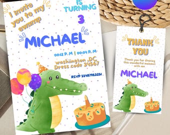 May include: A green alligator with a party hat holds balloons and stands next to a birthday cake with a single candle. The invitation says "I invite you to my swamp" and "Michael is turning 3". The RSVP number is 55487963251. A thank you card with the same alligator image says "Thank you for sharing this wonderful moment with me, Michael."