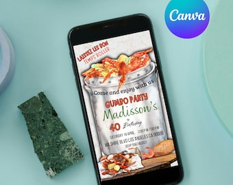 May include: A digital invitation for a 40th birthday party featuring a pot of crawfish with the text "Come and enjoy with us GUMBO PARTY Madisson's 40th Birthday" and details for the party on Saturday, 14 April from 2:00 PM to 7:00 PM at Wilshire Blvd Los Angeles CA 90036. RSVP 5567463521.