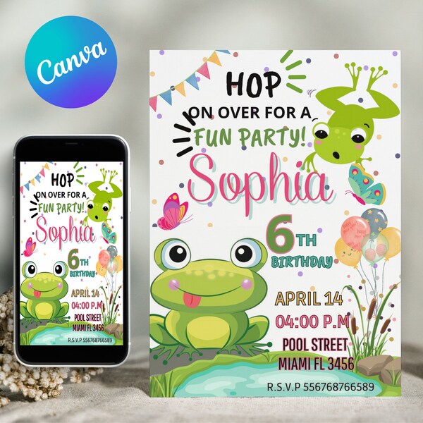 frog birthday invitation - frog themed birthday invitation - invitation birthday kids frog - frog invitation - invitations birthday frog