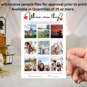 May include: A wedding game card titled Where were they? featuring two red hearts and nine numbered photo slots. The text reads: Can you figure out where the bride and groom were in each picture? The person with the most correct answers will be the winner! Includes lines for Name and Points.