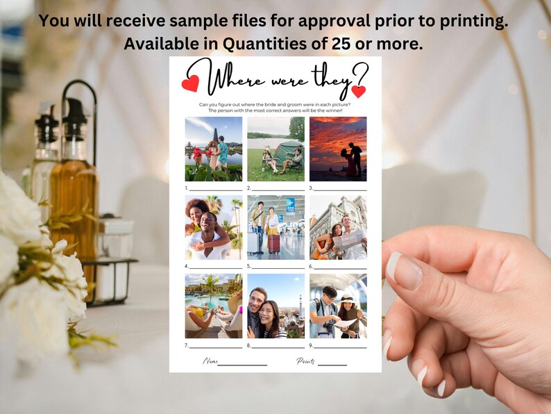 May include: A wedding game card titled Where were they? featuring two red hearts and nine numbered photo slots. The text reads: Can you figure out where the bride and groom were in each picture? The person with the most correct answers will be the winner! Includes lines for Name and Points.