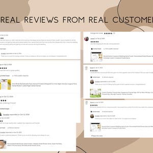 May include: Image of customer reviews with text "REAL REVIEWS FROM REAL CUSTOMERS". The reviews are displayed on a beige background with a red heart icon. The reviews are for wedding and bridal shower games.
