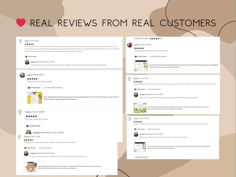 May include: Image of customer reviews with text "REAL REVIEWS FROM REAL CUSTOMERS". The reviews are displayed on a beige background with a red heart icon. The reviews are for wedding and bridal shower games.