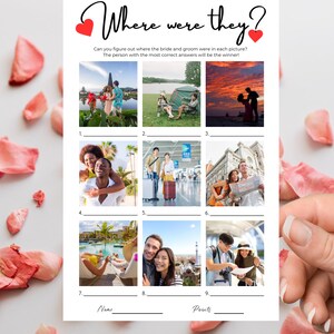 May include: A white paper game card titled Where were they? with two red hearts. It features nine numbered photo squares showing couples in various travel locations, with blank lines for answers, and spaces for Name and Points at the bottom.