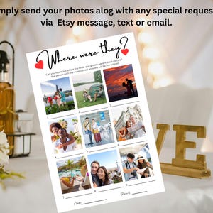 May include: A white paper game sheet titled Where were they? with two red hearts, featuring eight numbered photo squares of couples in various locations, instructions, and blank lines for names and points at the bottom of the page.