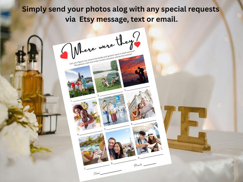 May include: A white paper game sheet titled Where were they? with two red hearts, featuring eight numbered photo squares of couples in various locations, instructions, and blank lines for names and points at the bottom of the page.