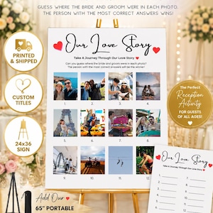 May include: A wedding reception game sign titled Our Love Story featuring twelve numbered photo slots and a matching answer sheet. The white sign displays the text Take A Journey Through Our Love Story and instructions for guests to guess locations. Red hearts decorate the layout.