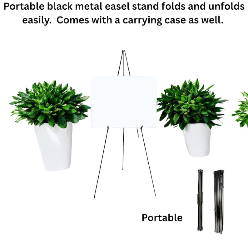 May include: A black metal easel stand with a white display surface. The stand is portable and folds for easy storage. The image also shows a carrying case and the word "Portable".