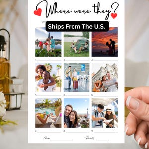 May include: A white paper game sheet titled Where were they? with two red hearts, featuring nine numbered squares containing photographs of couples in various travel locations, with blank lines for names and points at the bottom of the page.