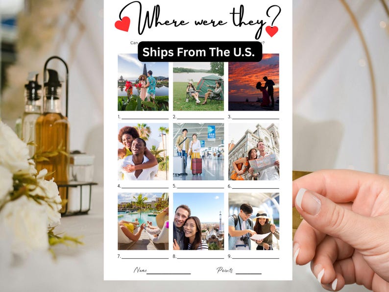 May include: A white paper game sheet titled Where were they? with two red hearts, featuring nine numbered squares containing photographs of couples in various travel locations, with blank lines for names and points at the bottom of the page.
