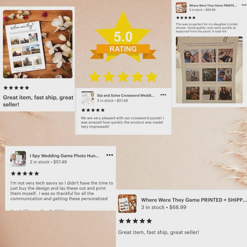 May include: A collage of customer reviews for wedding games including Where Were They, Sip and Solve Crossword, and I Spy Photo Hunt. The image features a large yellow five-star rating graphic, multiple five-star review icons, and text snippets from satisfied customers regarding printed game products.