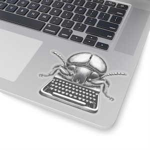 May include: A black and white illustration of a beetle sitting on a vintage typewriter. The beetle has a large head and long legs. The typewriter has a round, silver key.