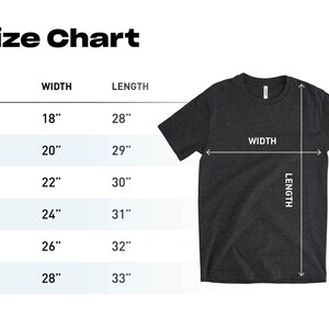 May include: A size chart for a dark gray t-shirt displaying measurements in inches. The table lists sizes S through 3XL with corresponding width and length dimensions. A graphic of a t-shirt shows arrows indicating where width and length are measured.