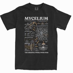 May include: A black short-sleeved t-shirt featuring a white and tan scientific diagram of mycelium. The graphic includes detailed charts, labels, and the text MYCELIUM and THE ORIGINAL WORLD WIDE WEB printed in a clean, sans-serif font on the front.