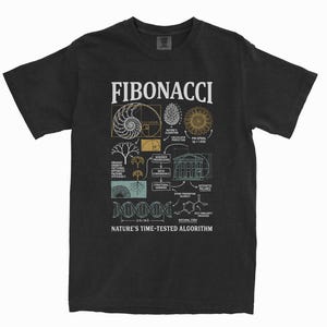 May include: A black short-sleeve t-shirt featuring a white, gold, and light blue graphic print. The design displays the word FIBONACCI at the top, various mathematical and natural diagrams, and the text NATURE'S TIME-TESTED ALGORITHM at the bottom.