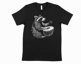 Raccoon Drummer T-Shirt - Hand Drawn Animal Tee - Music Lover Shirt